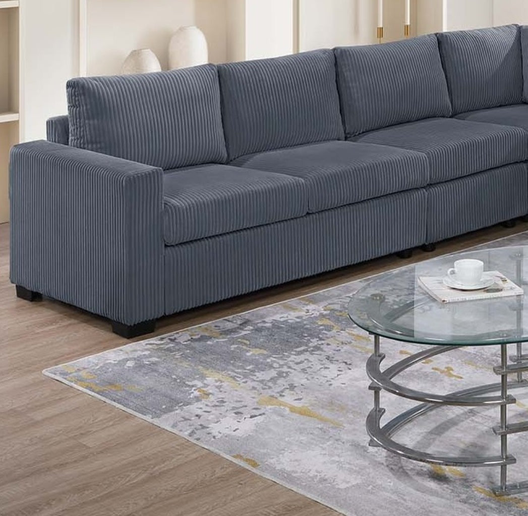 Modern Large Family Dark Gray Corduroy 6pc Sectional Set Living Room One Arm Loveseat Wedge Console Armless Chair Couch Set