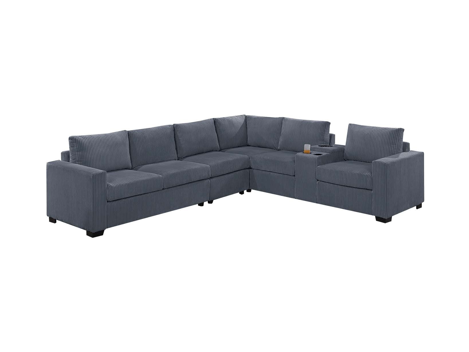 Modern Large Family Dark Gray Corduroy 6pc Sectional Set Living Room One Arm Loveseat Wedge Console Armless Chair Couch Set