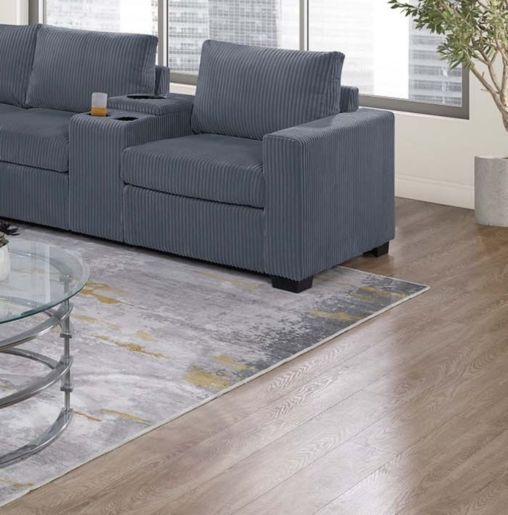 Modern Large Family Dark Gray Corduroy 6pc Sectional Set Living Room One Arm Loveseat Wedge Console Armless Chair Couch Set