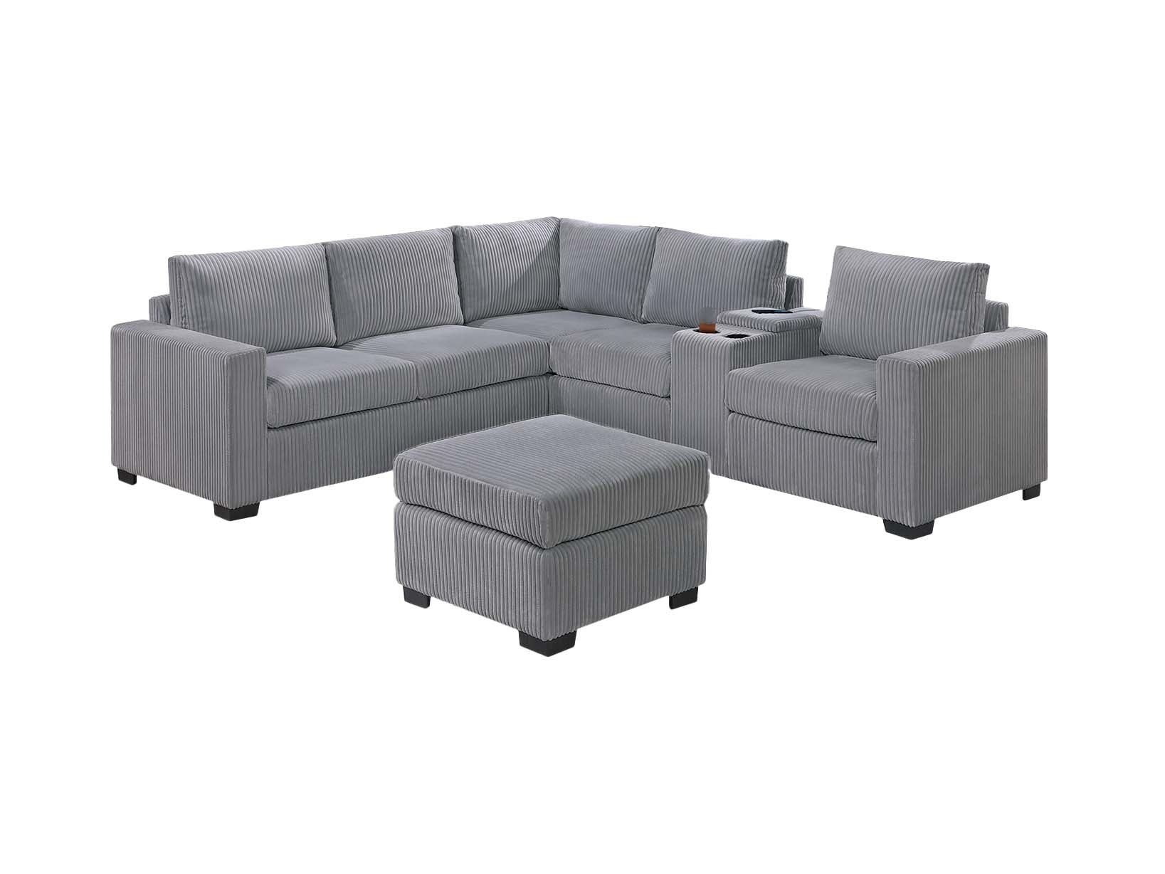 Modern Functional Light Gray Corduroy Upholstered Sectional Set Living Room One Arm Loveseat Wedge Console Ottoman 4pc Couch Sofa Set