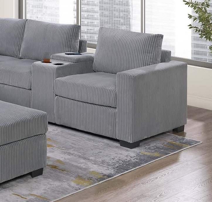 Modern Functional Light Gray Corduroy Upholstered Sectional Set Living Room One Arm Loveseat Wedge Console Ottoman 4pc Couch Sofa Set