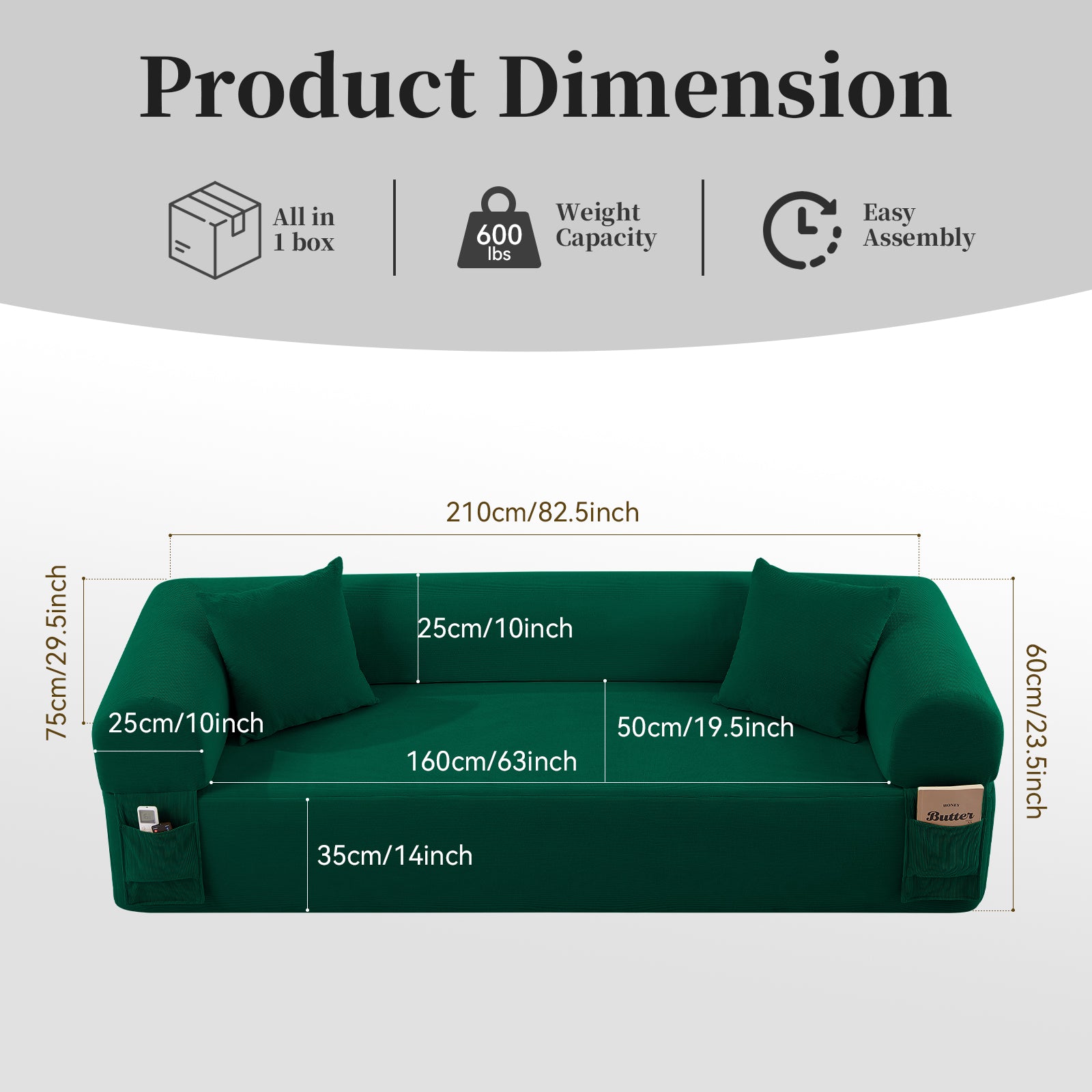 Spring Sofa with High-Quality Fabric, Pillows & Storage - Pocketed Springs, High-Density Foam, for Living Room, Apartment or Studics,Green.