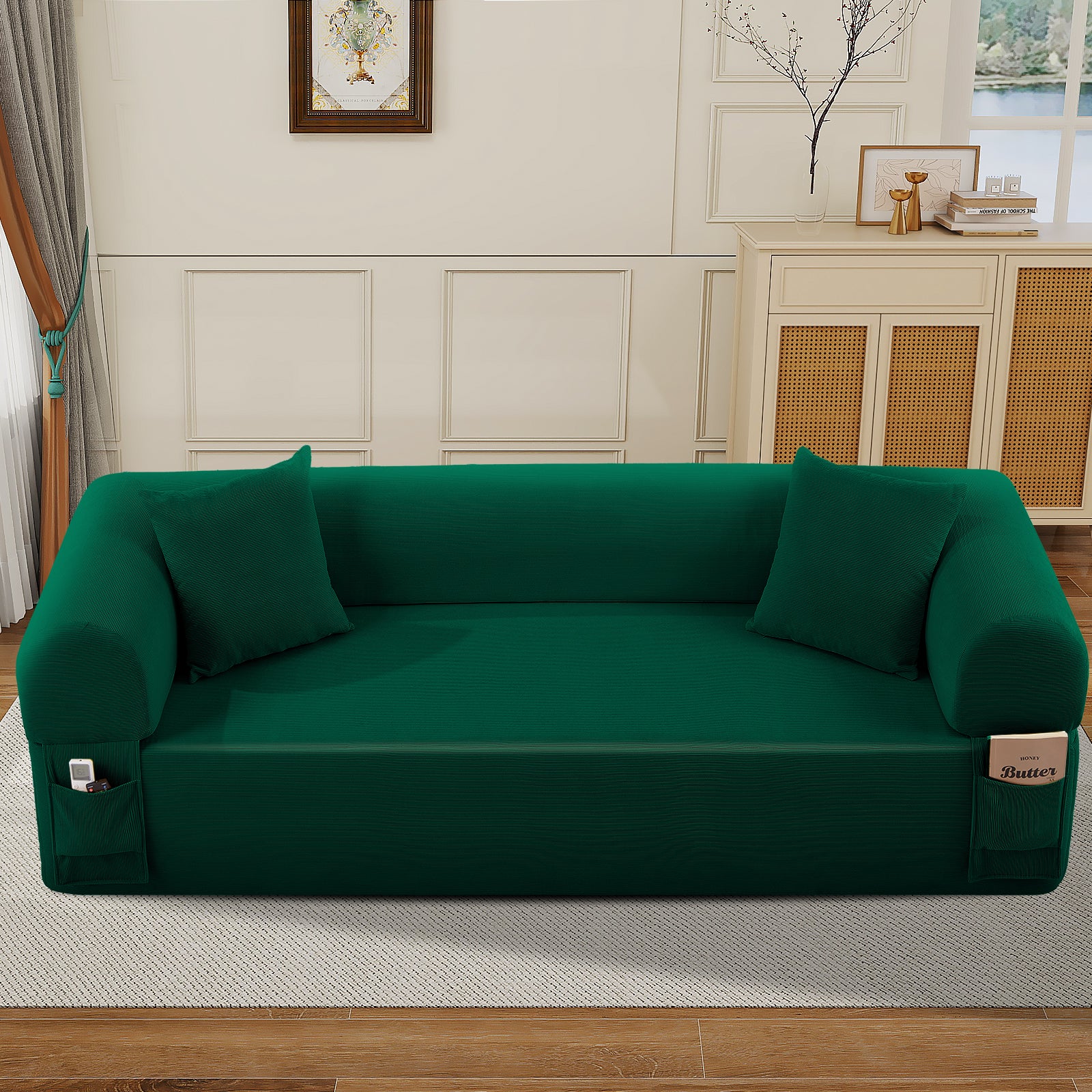 Spring Sofa with High-Quality Fabric, Pillows & Storage - Pocketed Springs, High-Density Foam, for Living Room, Apartment or Studics,Green.
