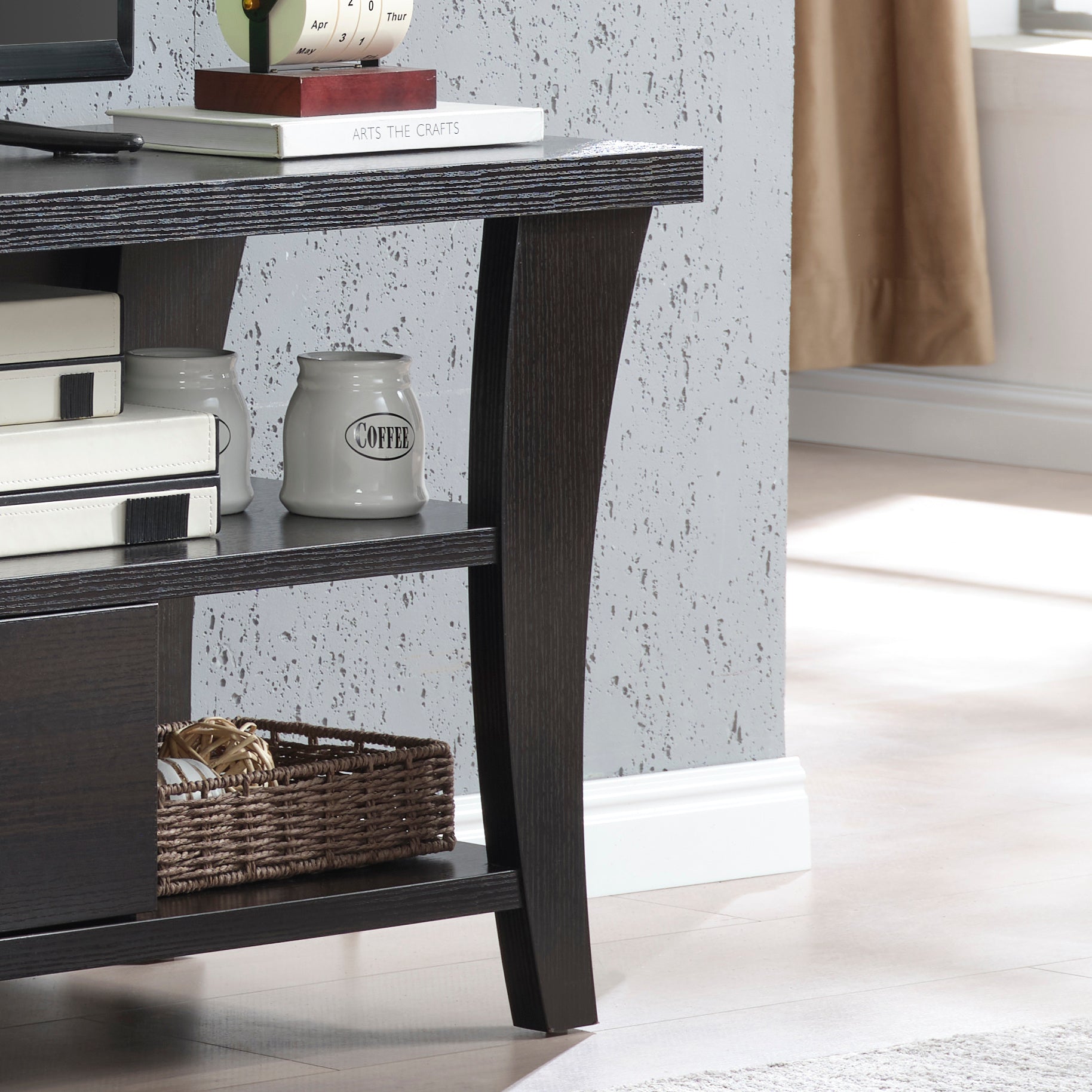 TV Stand Cabinet with curved legs one drawers on metal glides metal square handle modern design divided shelf two cubbies