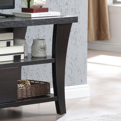 TV Stand Cabinet with curved legs one drawers on metal glides metal square handle modern design divided shelf two cubbies