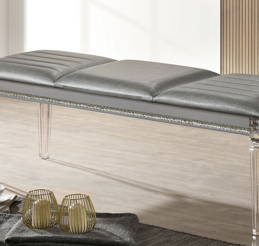 Antique Classic Silver 1pc Bench Only Contemporary Solid wood Acrylic Legs Crystal And Mirror Accent