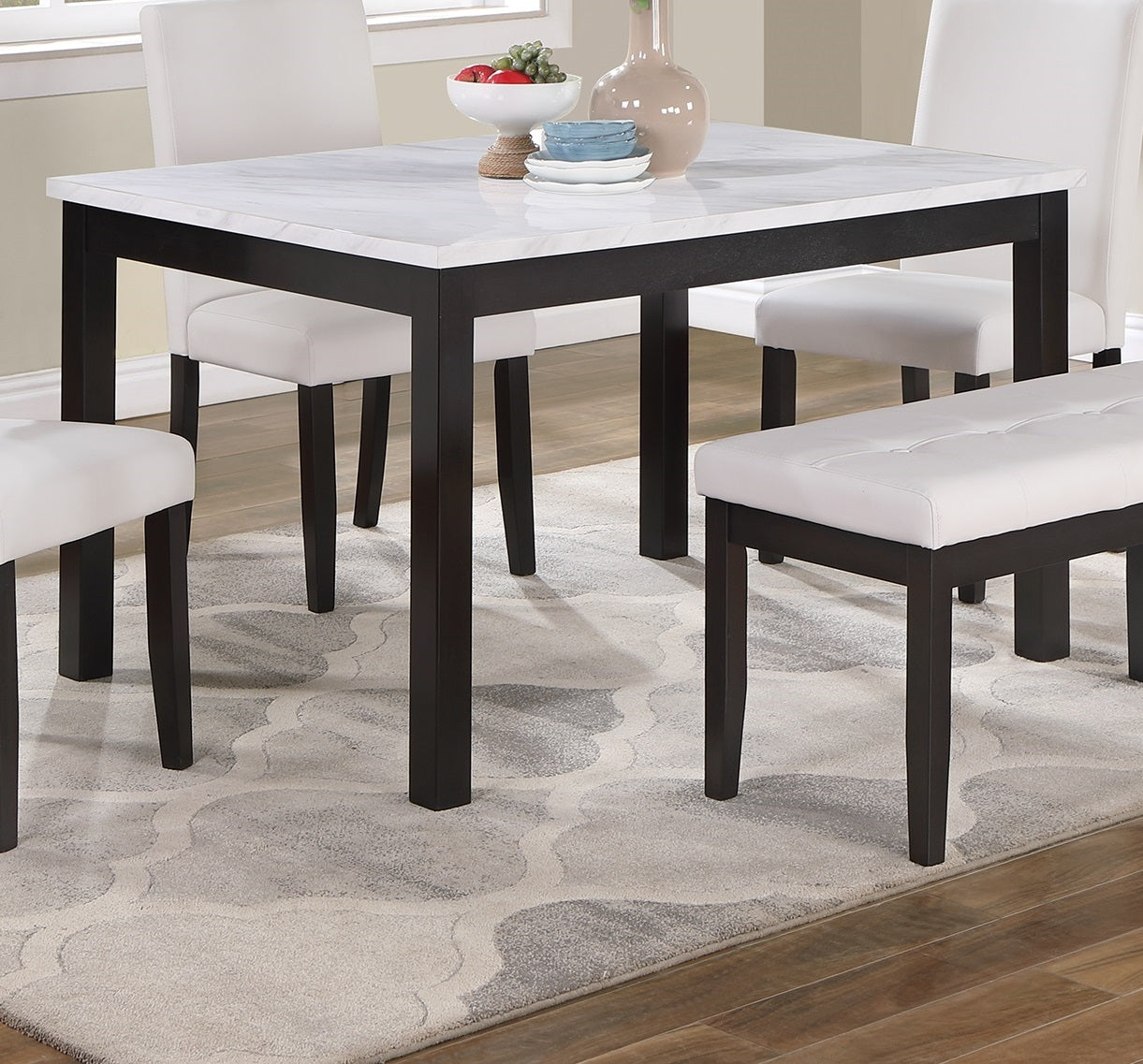 Classic Stylish 5pc Dining Set Kitchen Dinette Faux Marble Top Table Bench and 3x Chairs White Faux Leather Cushions Seats Dining Room