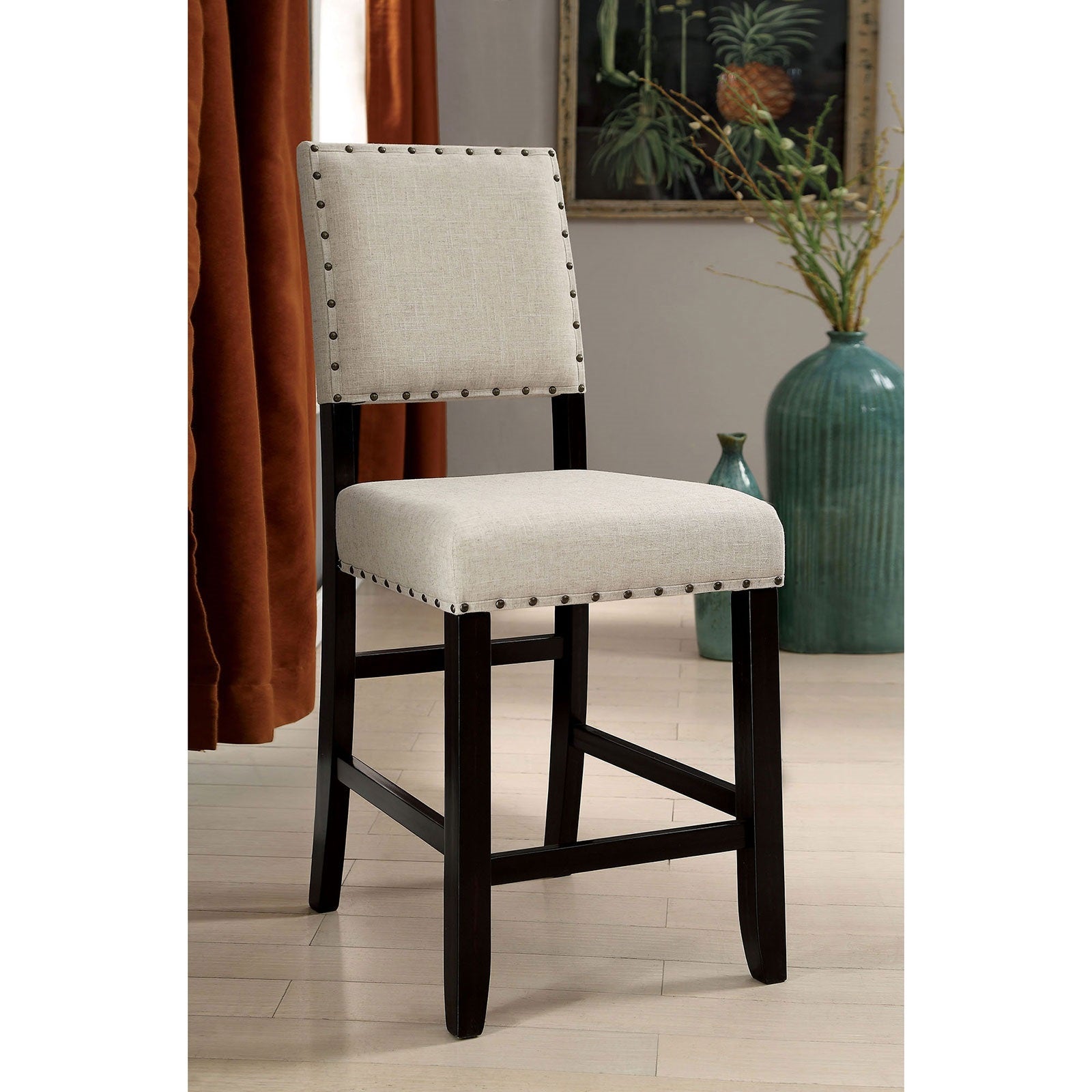 Rustic Charm Beige Linen Like Fabric 2pcs Counter Height Chairs Dining Room Furniture Nailhead Trim Antique Black Bold Distressed Details Wood