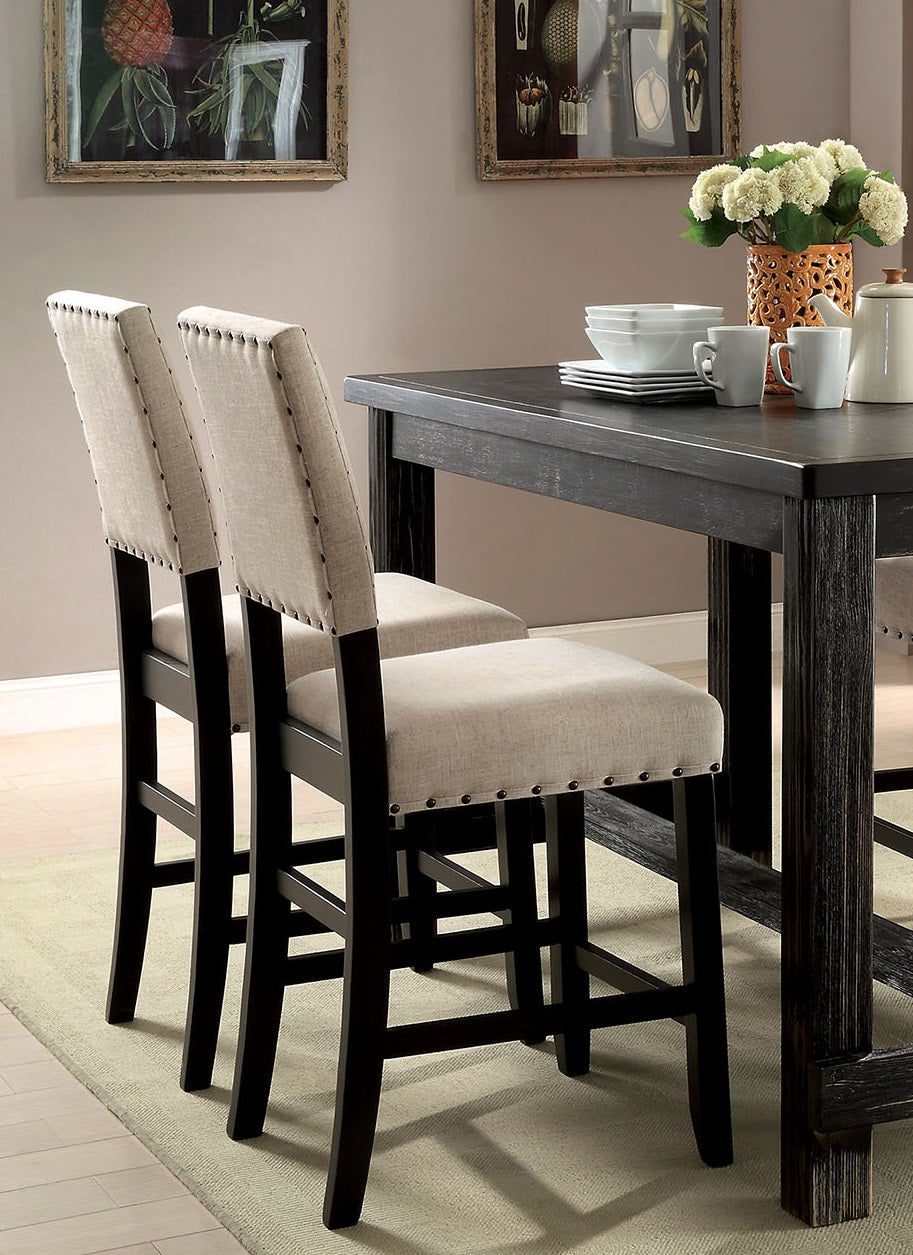 Rustic Charm Beige Linen Like Fabric 2pcs Counter Height Chairs Dining Room Furniture Nailhead Trim Antique Black Bold Distressed Details Wood