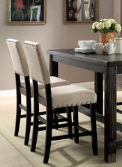 Rustic Charm Beige Linen Like Fabric 2pcs Counter Height Chairs Dining Room Furniture Nailhead Trim Antique Black Bold Distressed Details Wood