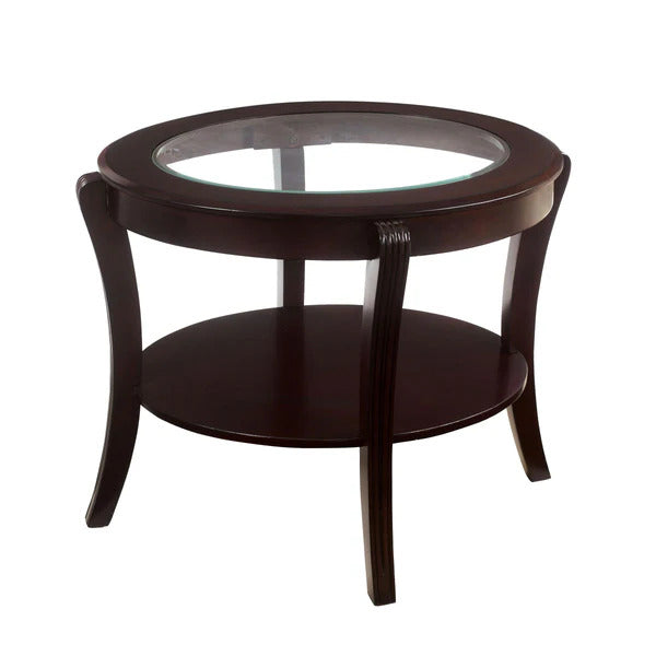 Contemporary Style End Table Espresso Finish Glass On Top Supported With Solid Wood Lower Shelf Open