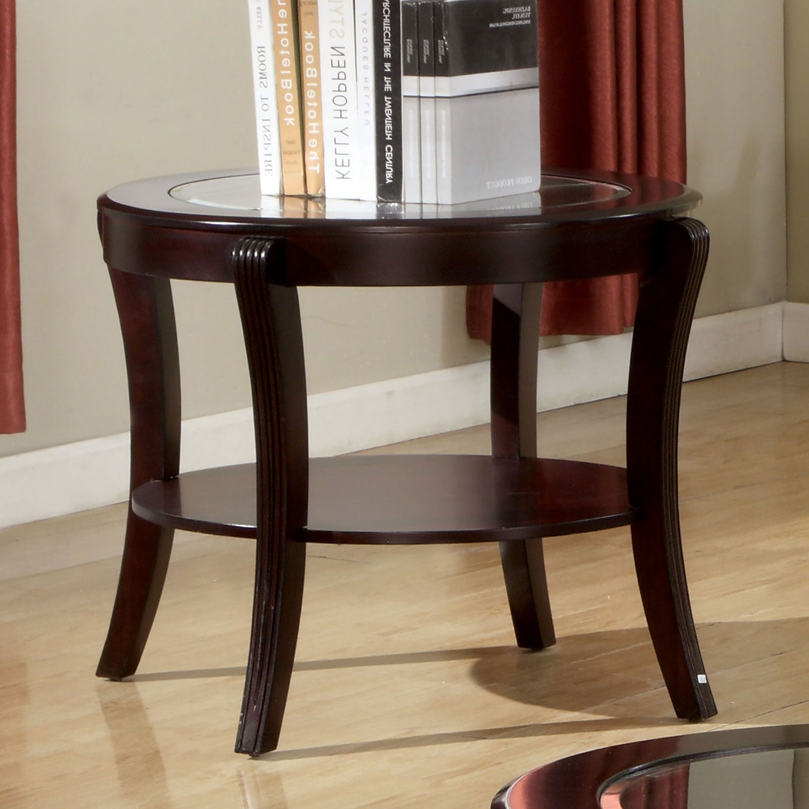 Contemporary Style End Table Espresso Finish Glass On Top Supported With Solid Wood Lower Shelf Open
