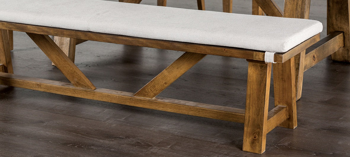 1pc Upholstery Bench Brown And White Finish Fabric Cushion On Top Upholstered Seat Trestle Base Rustic