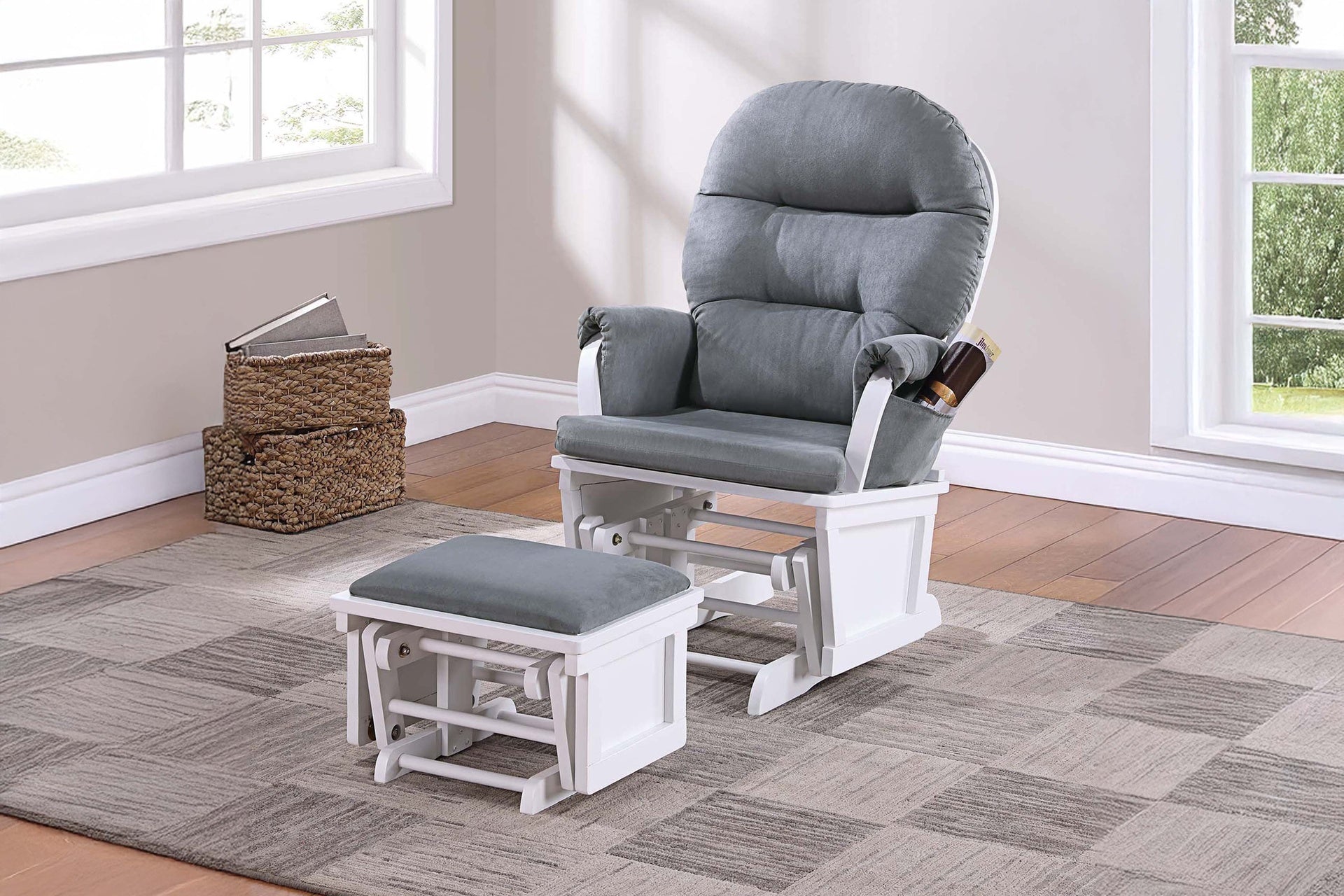 Glider Chair w Ottoman Gray Microfiber Luxurious Gliding Motion Chair Plush Cushion Seat Wooden Base