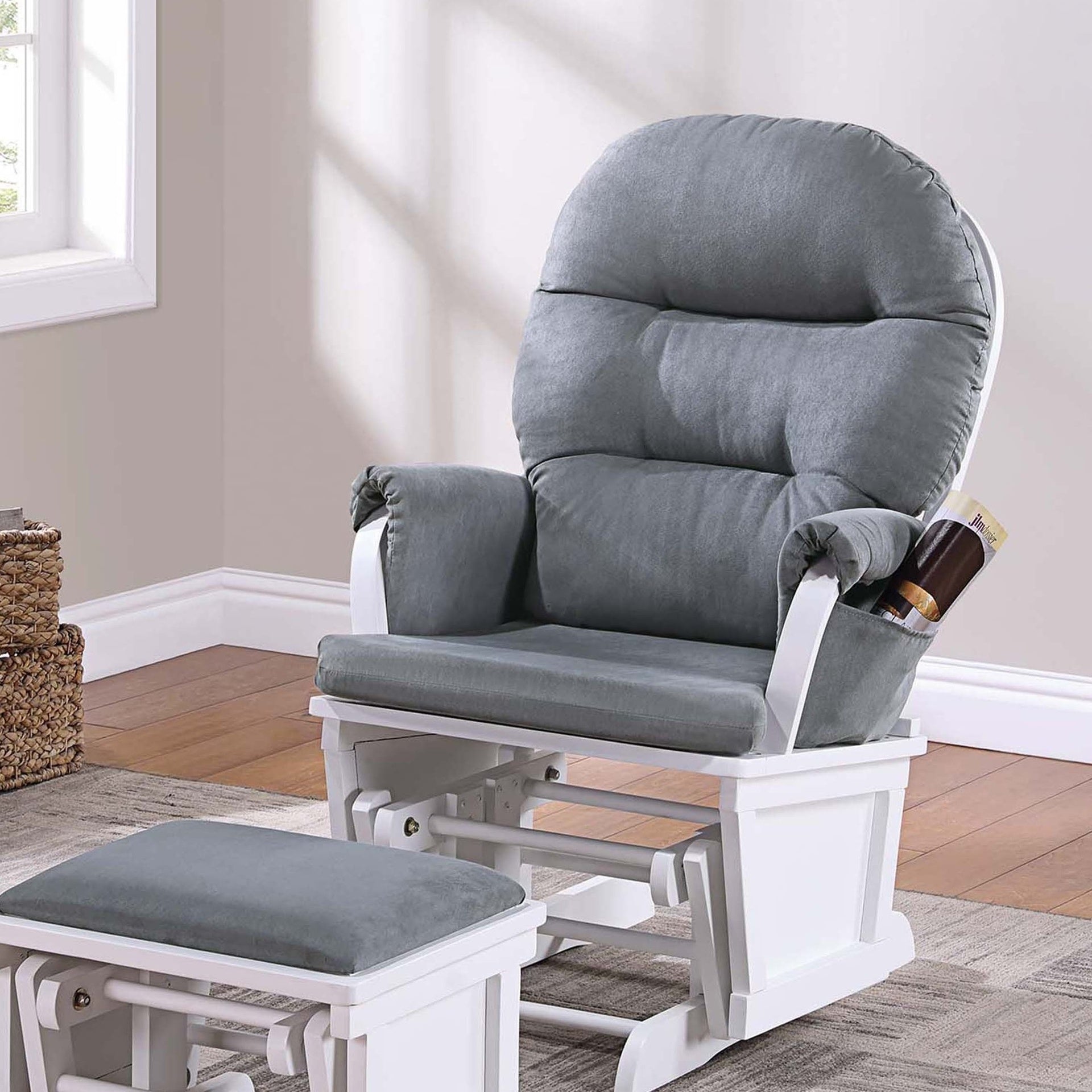 Glider Chair w Ottoman Gray Microfiber Luxurious Gliding Motion Chair Plush Cushion Seat Wooden Base
