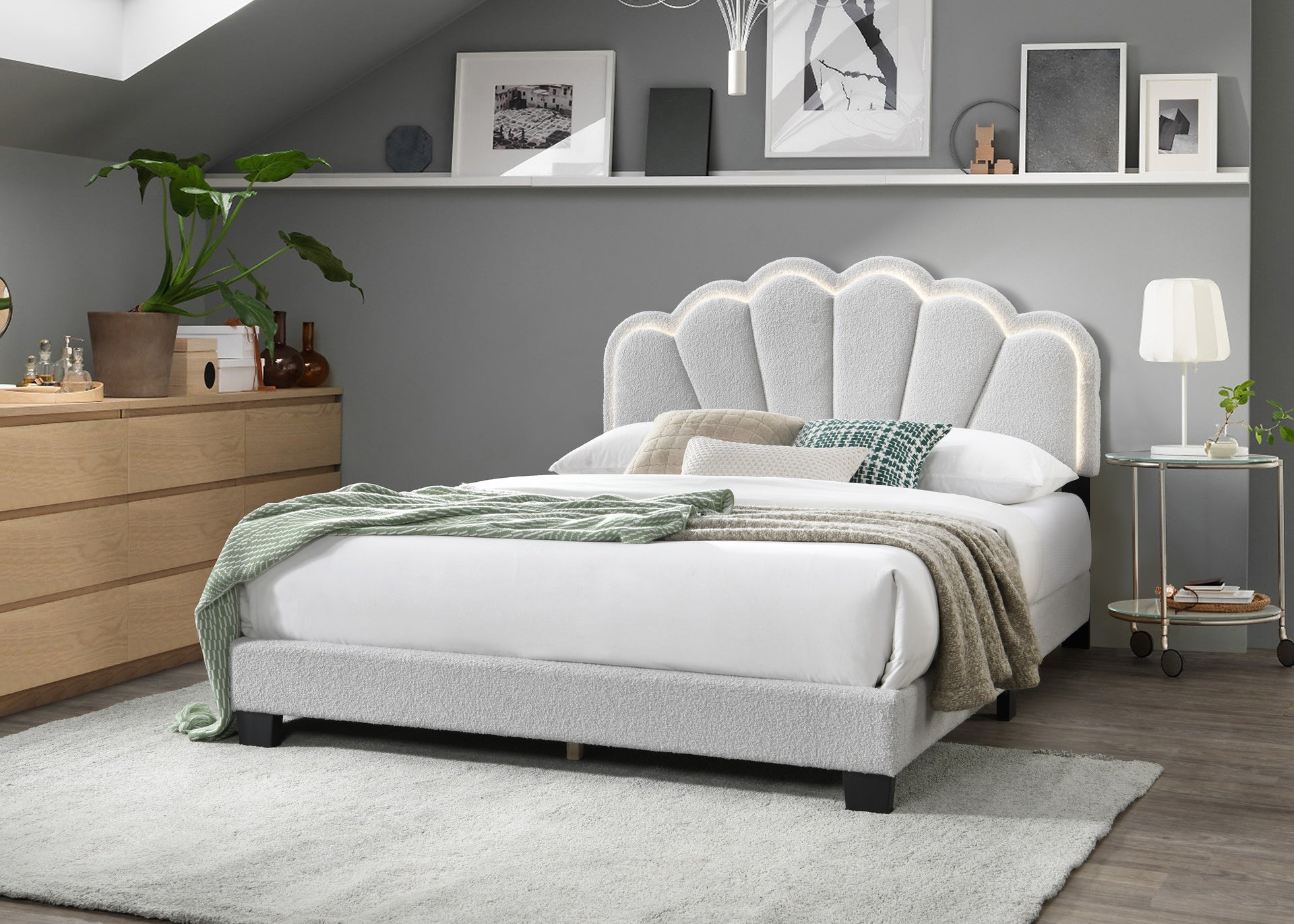 1pc Full Size Bed Wool Fabric Floral Design Headboard w LED Fully Upholstered Platform Bed frame