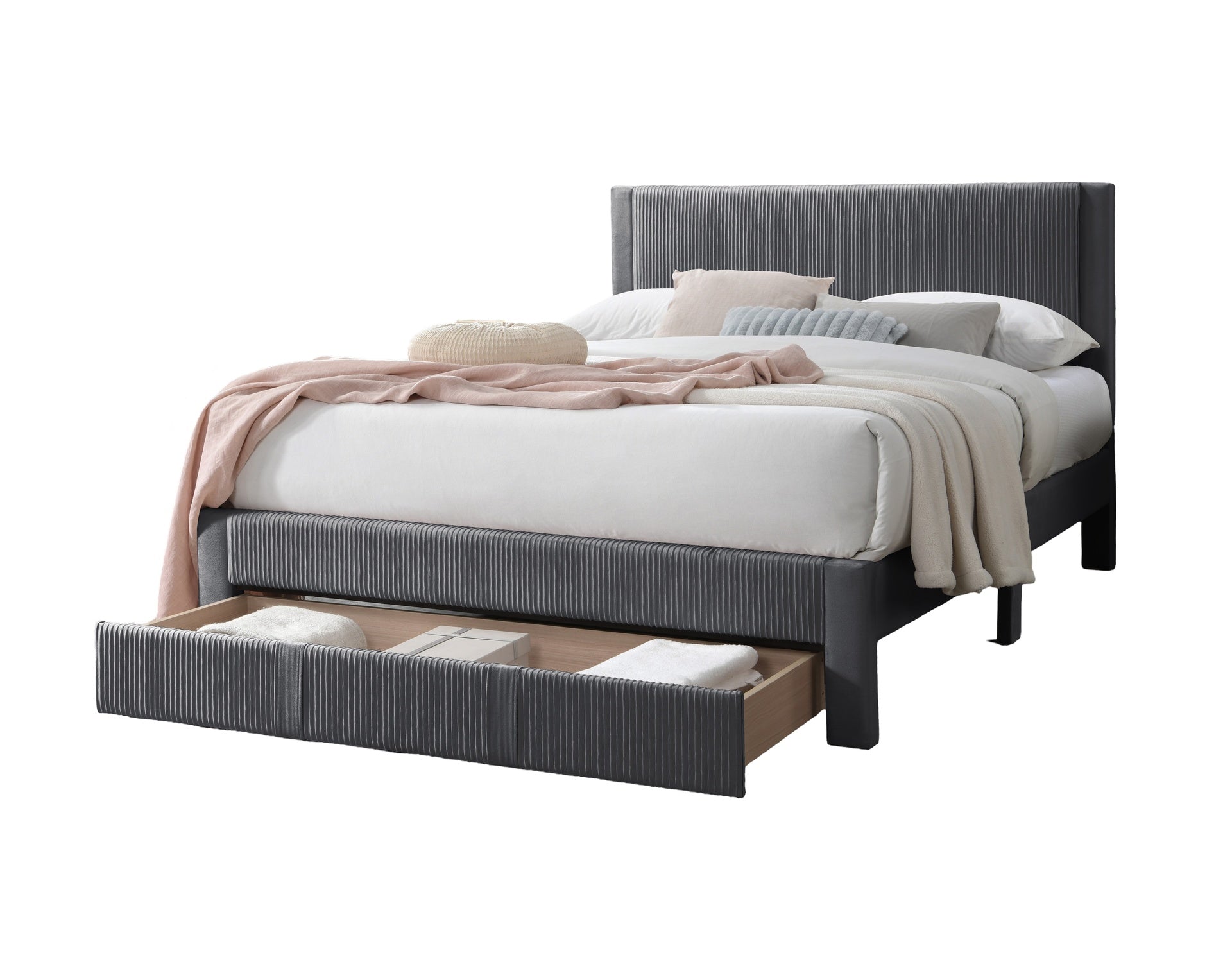 Contemporary 1pc Full Size Bed w Storage Drawer Charcoal Corduroy Texture Design Bedroom Furniture