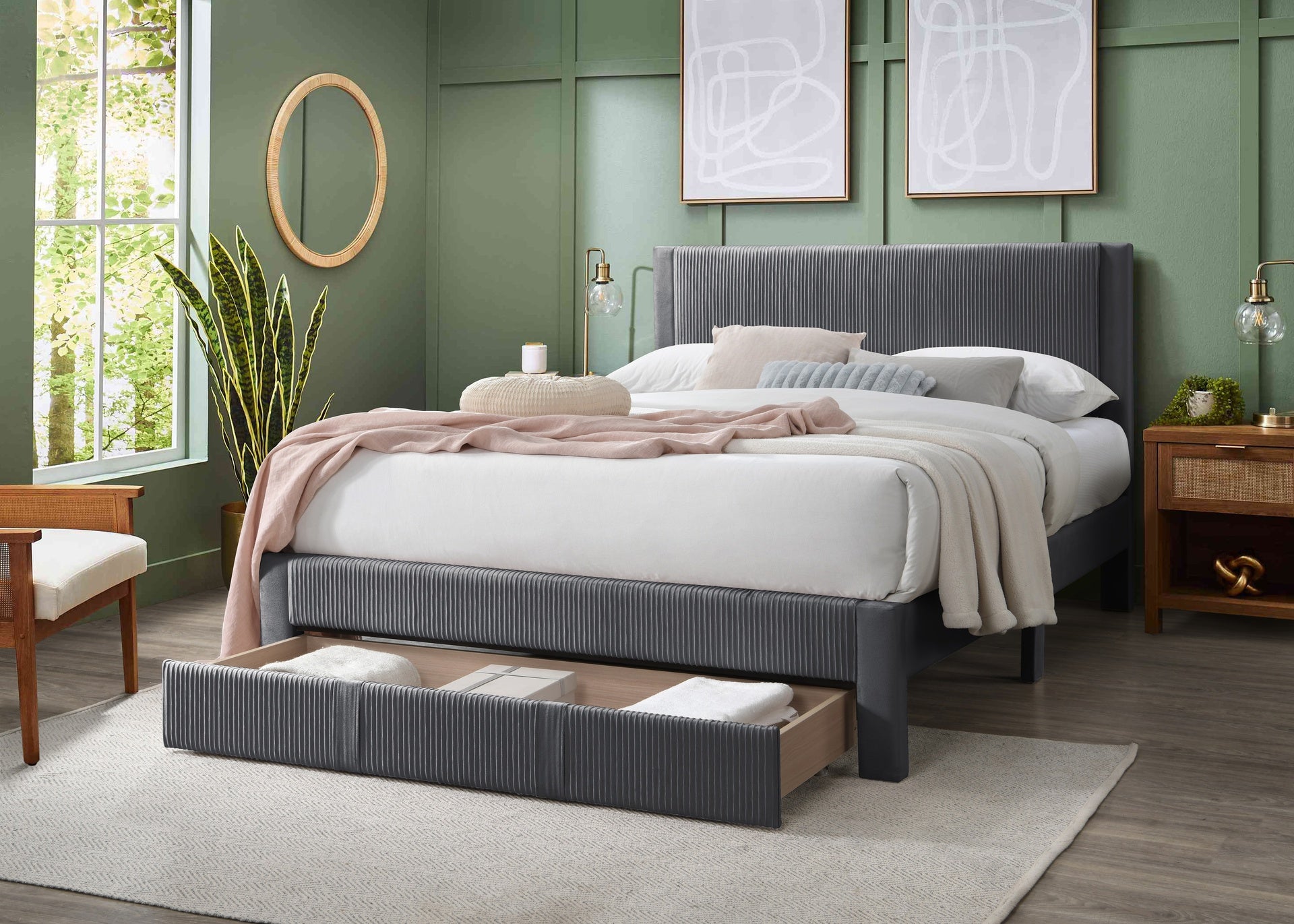Contemporary 1pc Full Size Bed w Storage Drawer Charcoal Corduroy Texture Design Bedroom Furniture