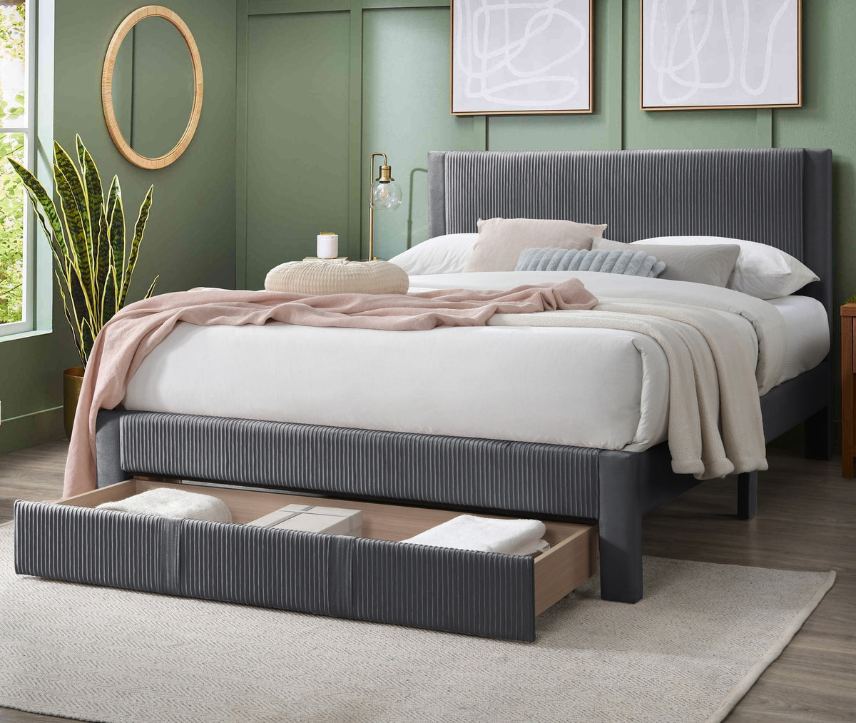Contemporary 1pc Full Size Bed w Storage Drawer Charcoal Corduroy Texture Design Bedroom Furniture
