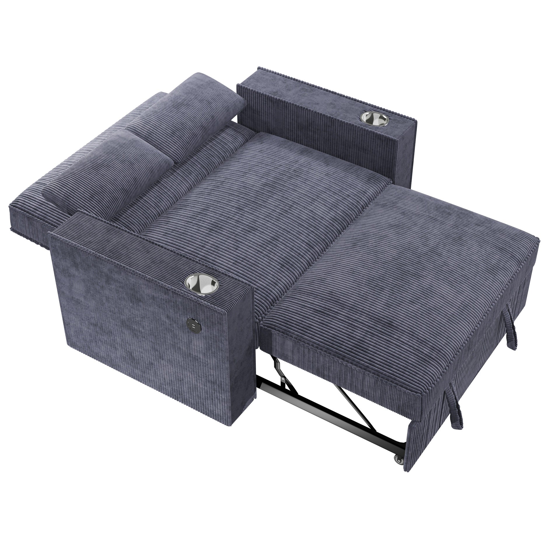 Dark Gray Corduroy Upholstered 2-Seat Sofa w Cup Holders Sleeper Couch 1pc Convertible Sofa w USB