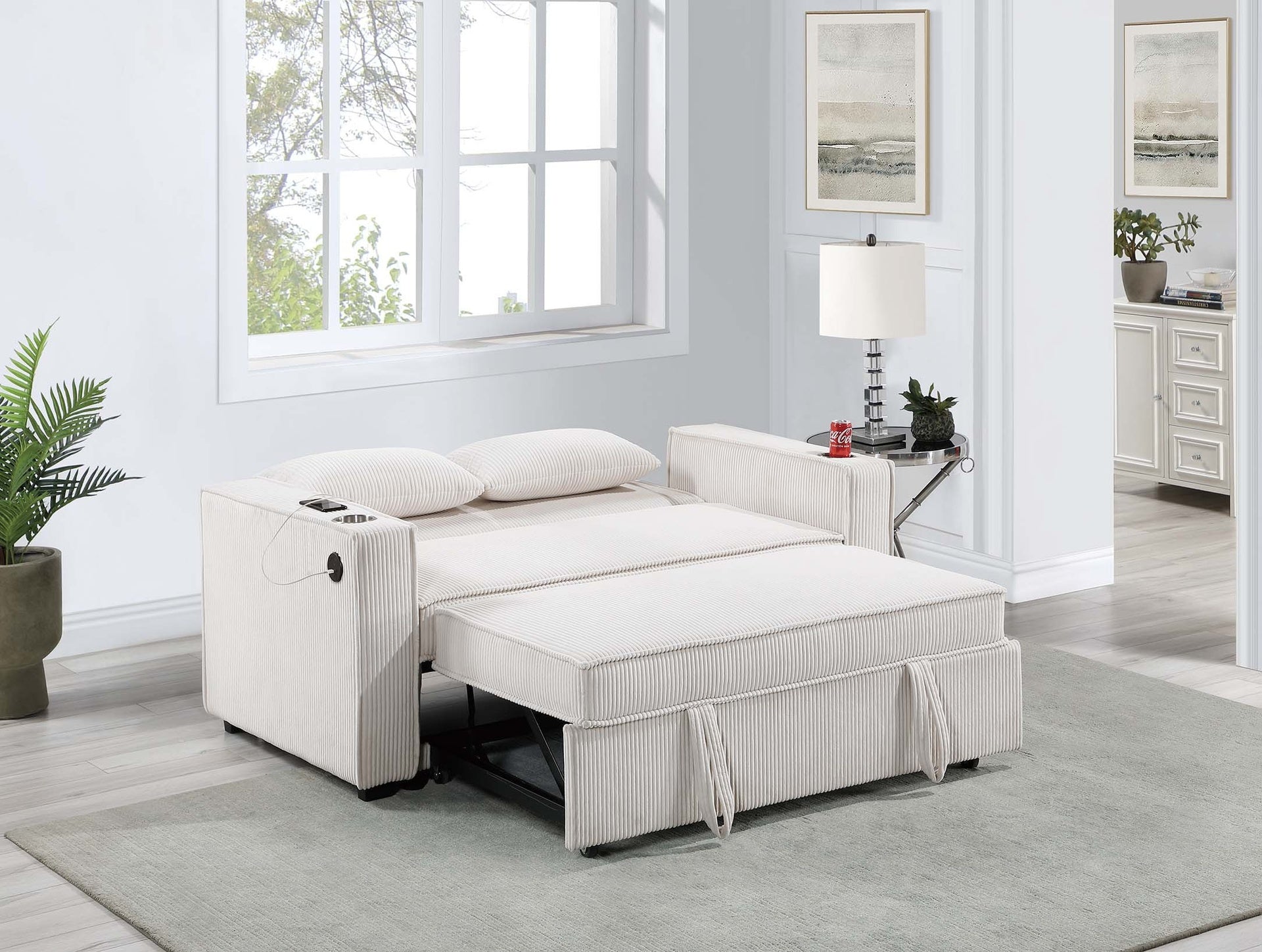 Beige Corduroy Upholstered 2-Seat Sofa w Cup Holders Sleeper Couch 1pc Convertible Sofa w USB