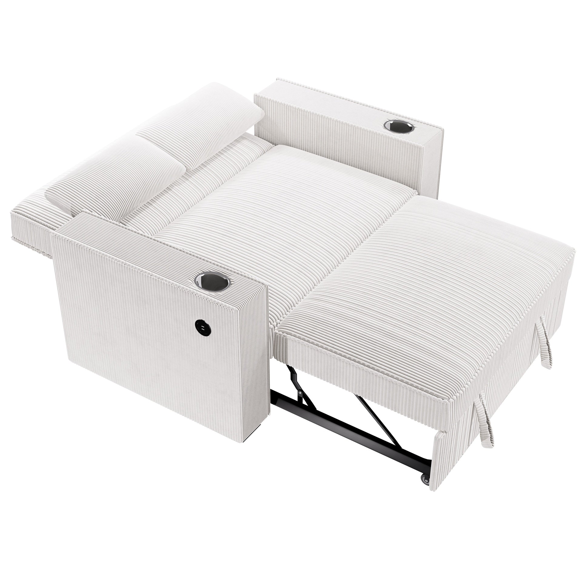 Beige Corduroy Upholstered 2-Seat Sofa w Cup Holders Sleeper Couch 1pc Convertible Sofa w USB