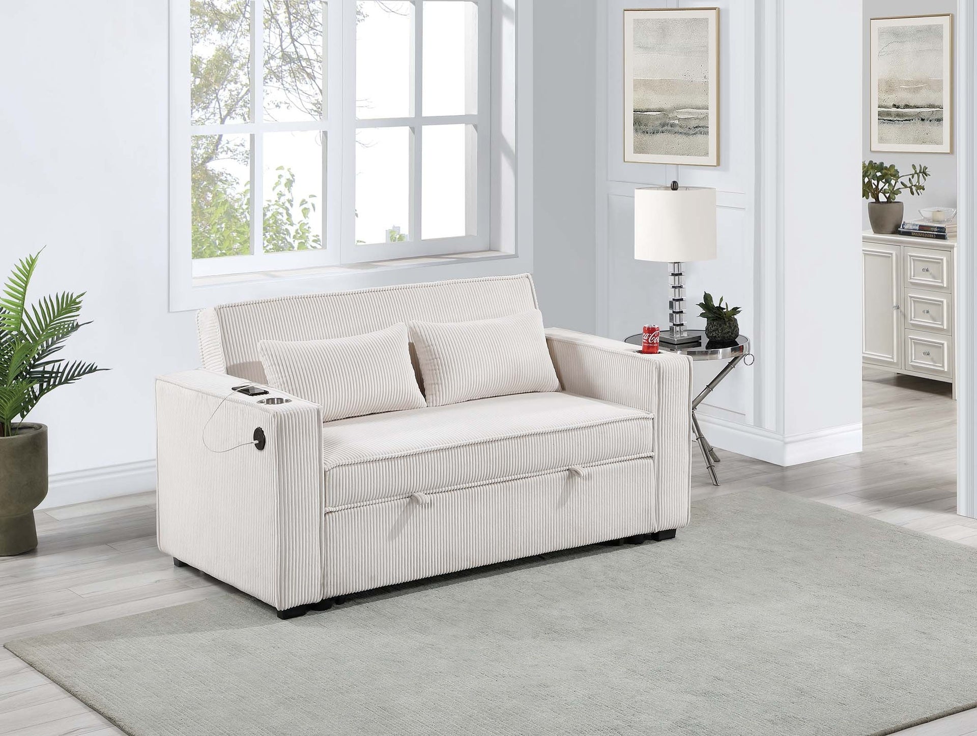 Beige Corduroy Upholstered 2-Seat Sofa w Cup Holders Sleeper Couch 1pc Convertible Sofa w USB