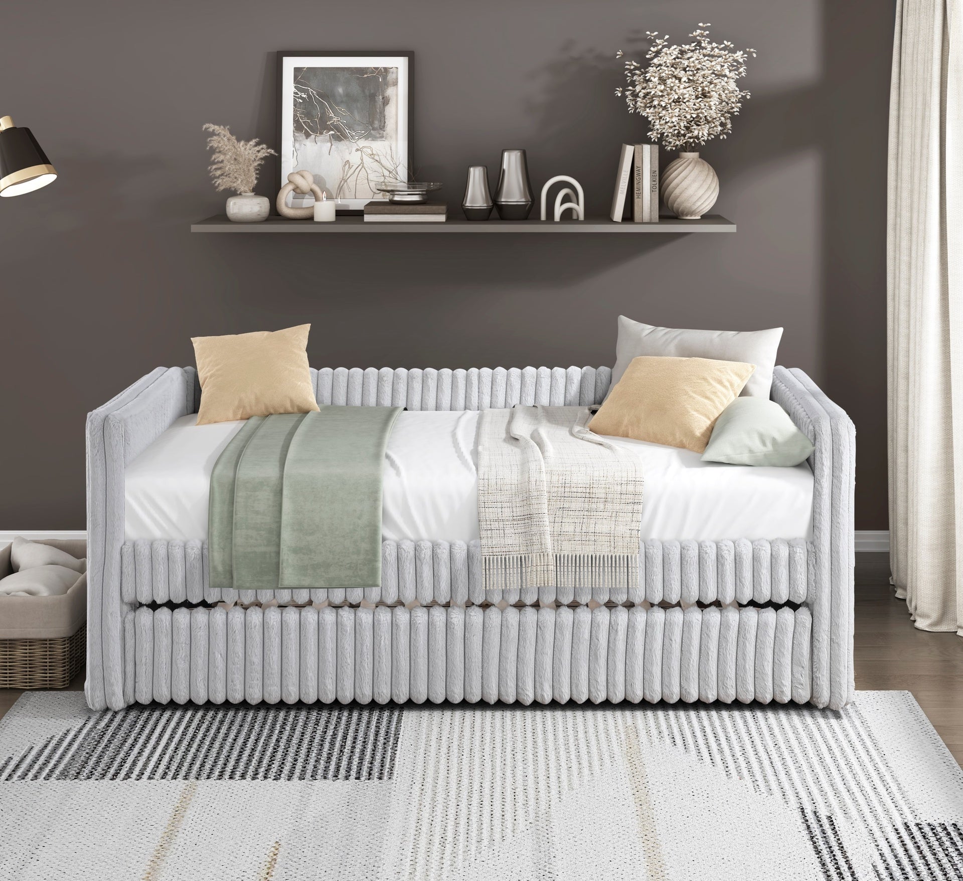 1pc Daybed with Trundle Gray Corduroy Fabric Upholstery Modern Luxury Home Furniture Durable Comfortable