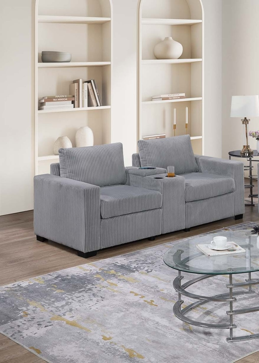 Elegant Simple Sofa w Console Cup Holder And Loveseat 2pcs Sofa set Light Gray Wide-Welt Corduroy Living Room Couch