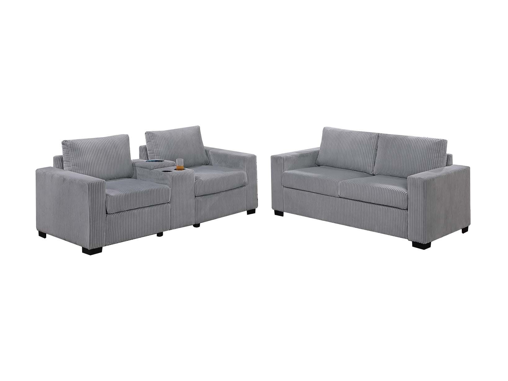 Elegant Simple Sofa w Console Cup Holder And Loveseat 2pcs Sofa set Light Gray Wide-Welt Corduroy Living Room Couch