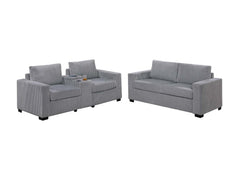 Elegant Simple Sofa w Console Cup Holder And Loveseat 2pcs Sofa set Light Gray Wide-Welt Corduroy Living Room Couch