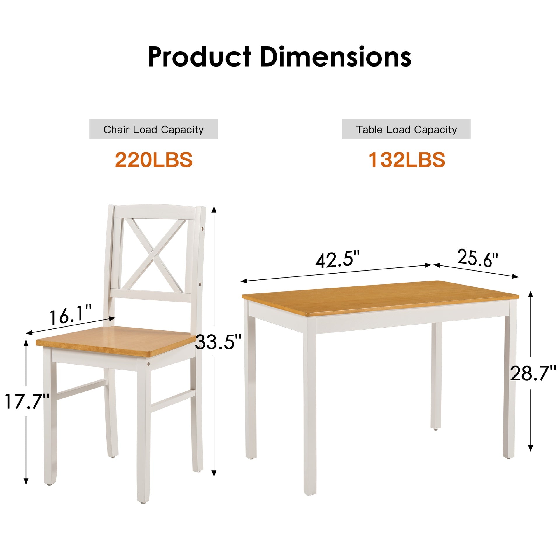 5-Piece Rubberwood Kitchen Dining Table Set with 4 Chairs, Natural White Space-Saving Table and Chair Set for Small Spaces, Apartment, Dining Room, Restaurant - Easy to Clean Smooth Solid Wood Surface