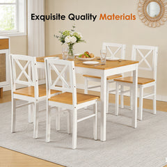 5-Piece Rubberwood Kitchen Dining Table Set with 4 Chairs, Natural White Space-Saving Table and Chair Set for Small Spaces, Apartment, Dining Room, Restaurant - Easy to Clean Smooth Solid Wood Surface