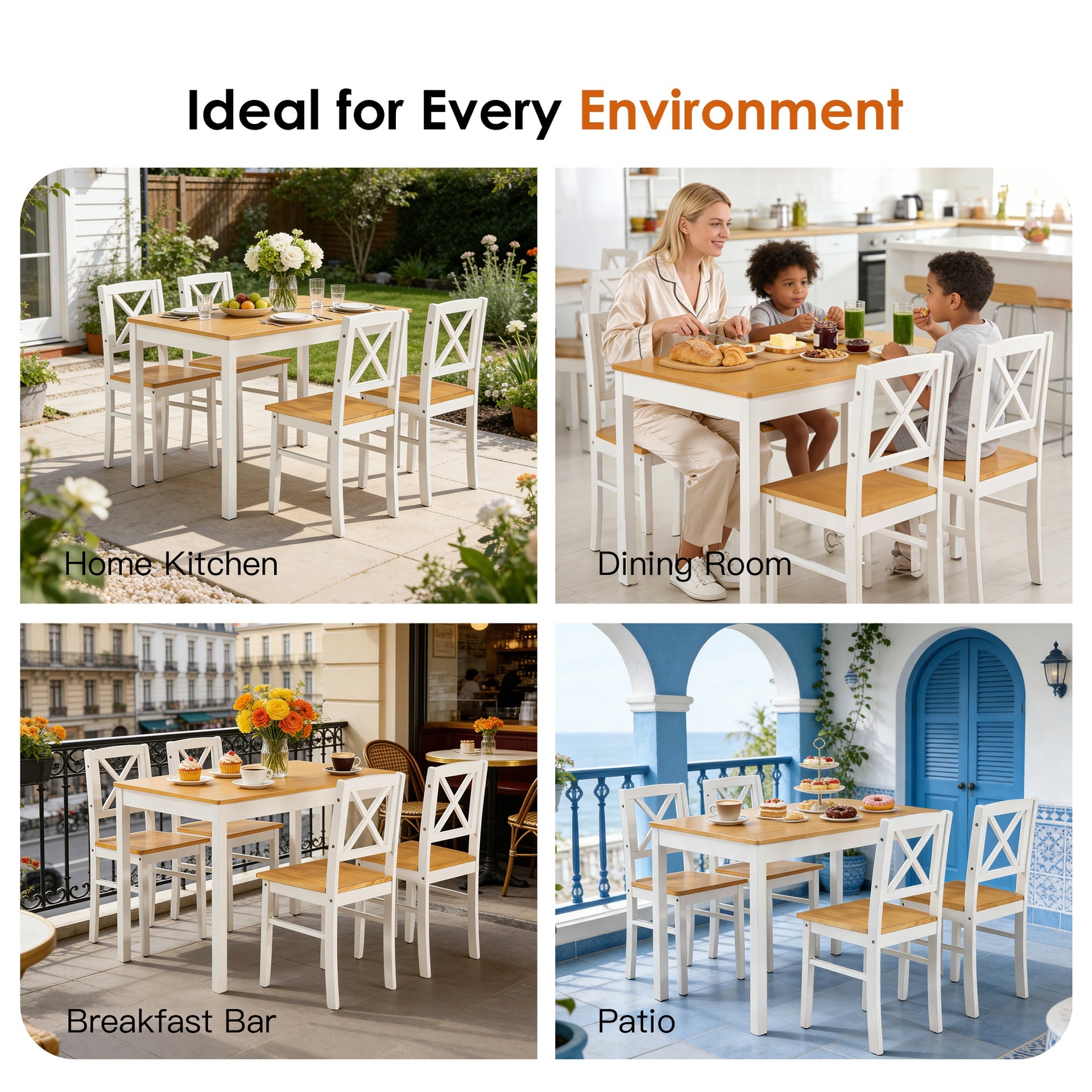 5-Piece Rubberwood Kitchen Dining Table Set with 4 Chairs, Natural White Space-Saving Table and Chair Set for Small Spaces, Apartment, Dining Room, Restaurant - Easy to Clean Smooth Solid Wood Surface