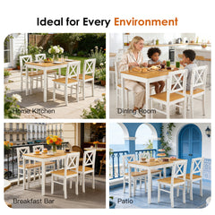 5-Piece Rubberwood Kitchen Dining Table Set with 4 Chairs, Natural White Space-Saving Table and Chair Set for Small Spaces, Apartment, Dining Room, Restaurant - Easy to Clean Smooth Solid Wood Surface