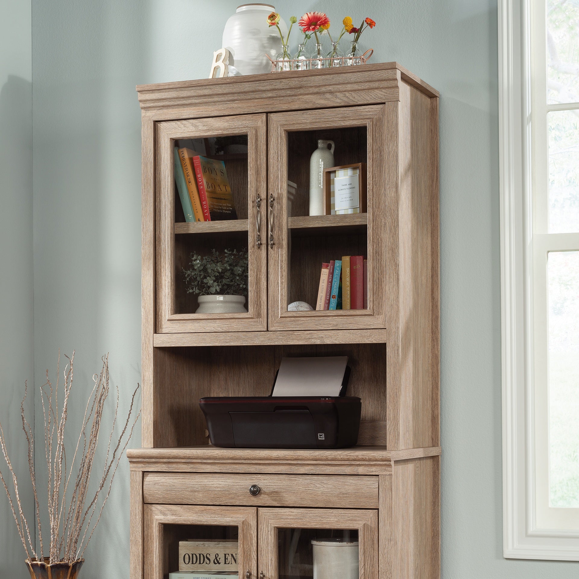 Library Hutch with Glass Doors, Brown finish