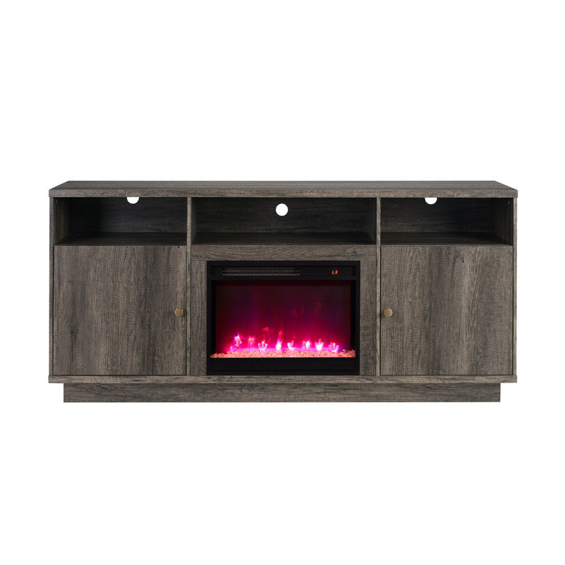 Ambrogio 70"W Gray Walnut Finish Fireplace TV Stand Console with Heater, LED Light, Cabinets, Shelves