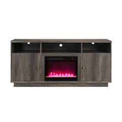 Ambrogio 70"W Gray Walnut Finish Fireplace TV Stand Console with Heater, LED Light, Cabinets, Shelves