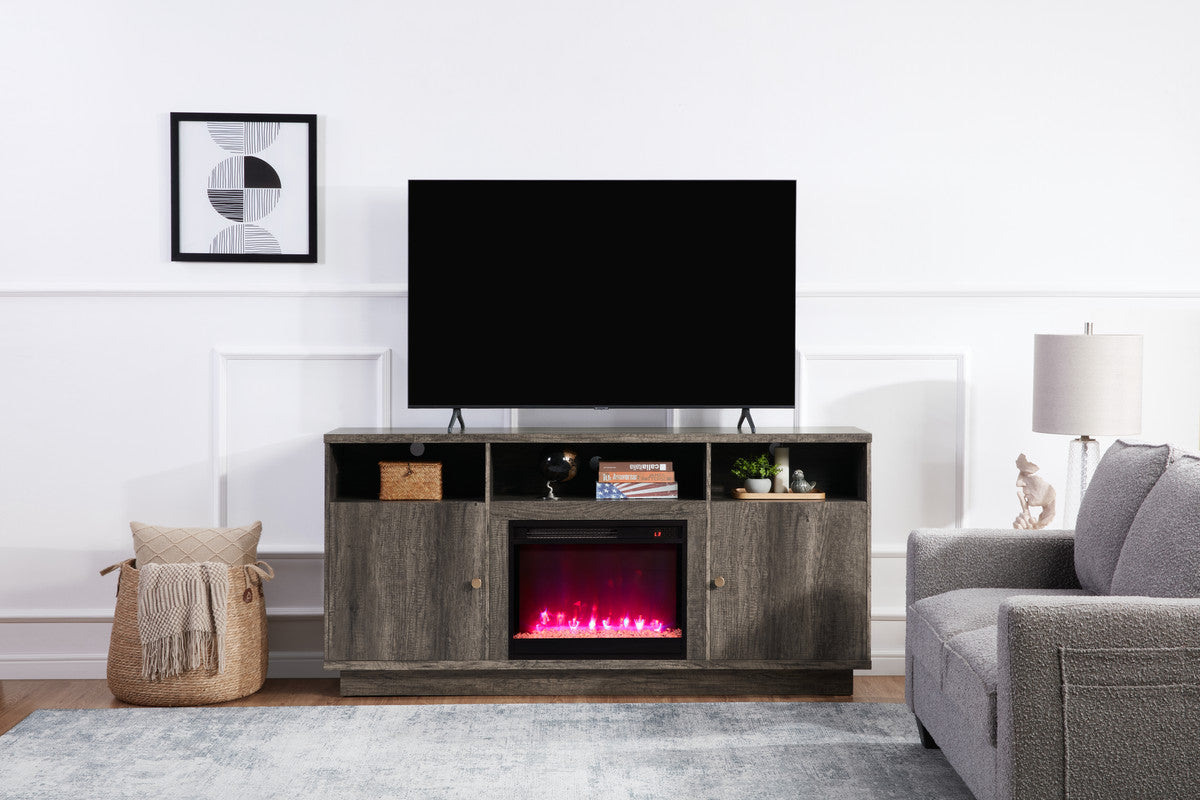 Ambrogio 70"W Gray Walnut Finish Fireplace TV Stand Console with Heater, LED Light, Cabinets, Shelves