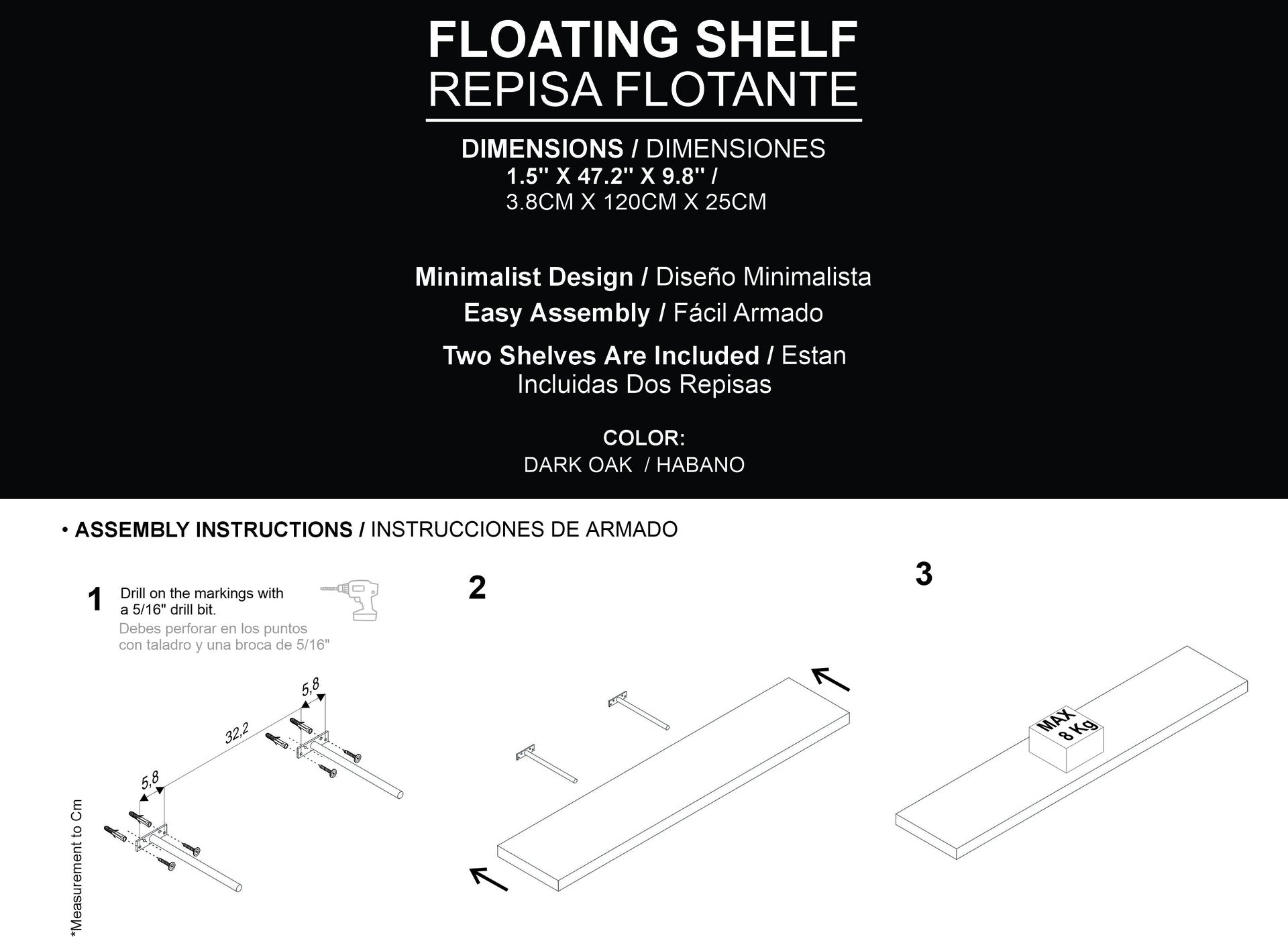 Greer Floating Shelf in Melamine x2, Dark Oak