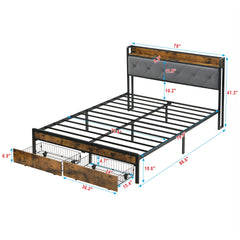 King Bed Frame with Storage, Bed Frame with LED Lights Upholstered Headboard and 2 Drawers, USB & Charging Station, No Box Spring Needed, Easy Assembly, Grey KING