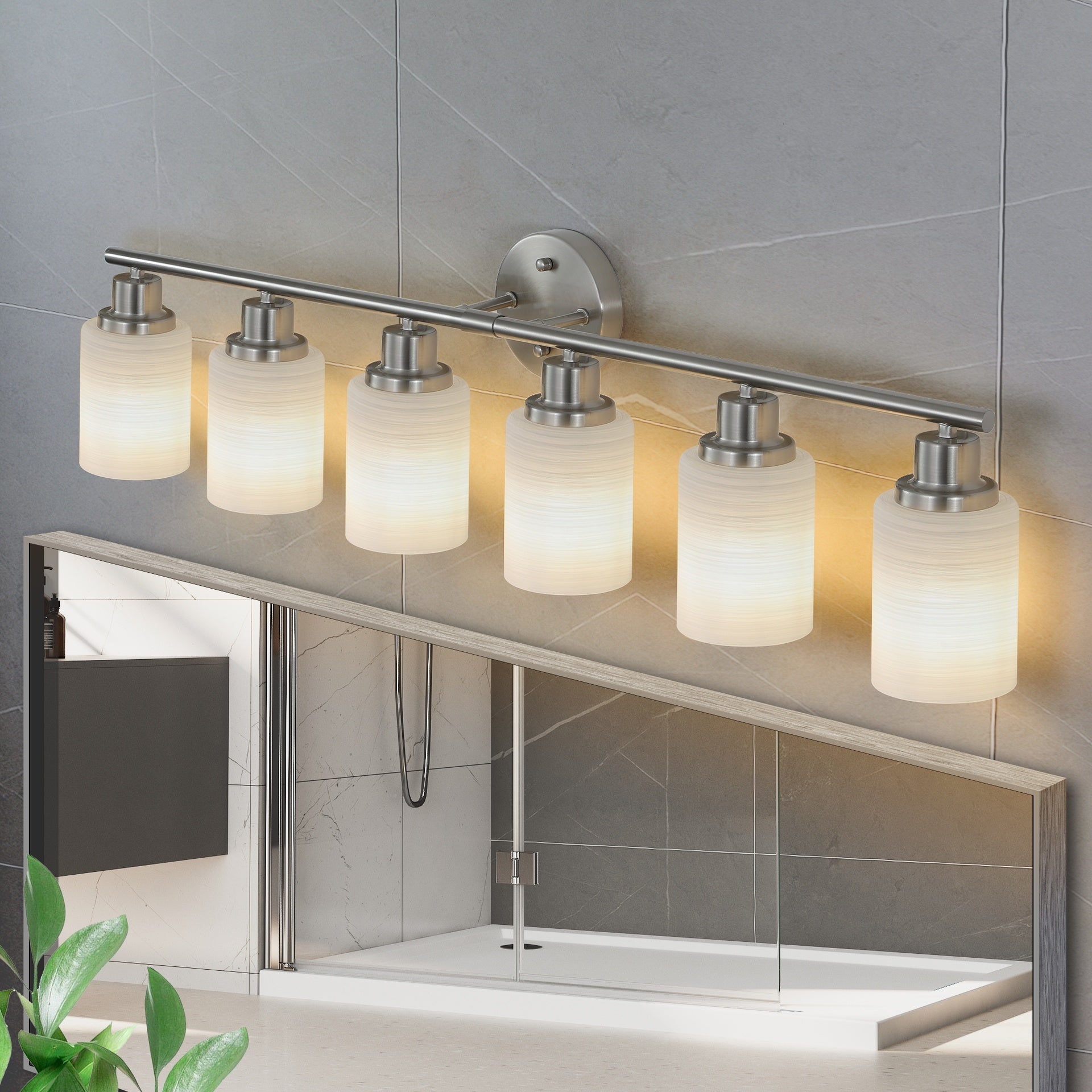 39" Modern 6-Light Vanity Wall Sconce, Brushed Nickel Finish with Frosted Glass Shades for Bathroom or Hallway Lighting (No Bulbs)