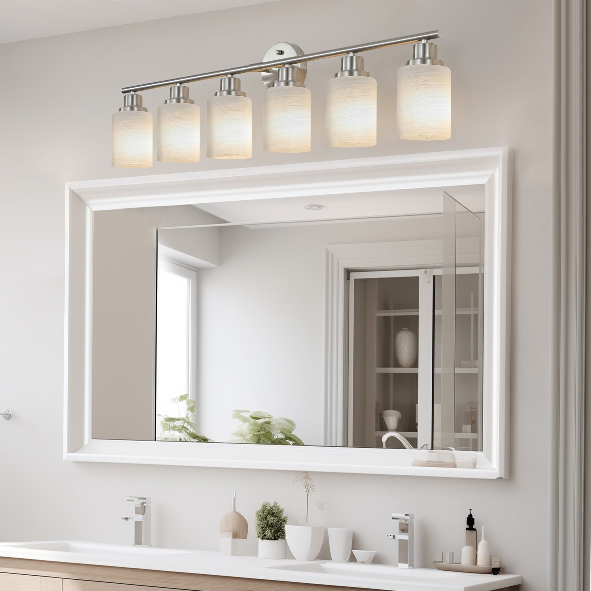 39" Modern 6-Light Vanity Wall Sconce, Brushed Nickel Finish with Frosted Glass Shades for Bathroom or Hallway Lighting (No Bulbs)