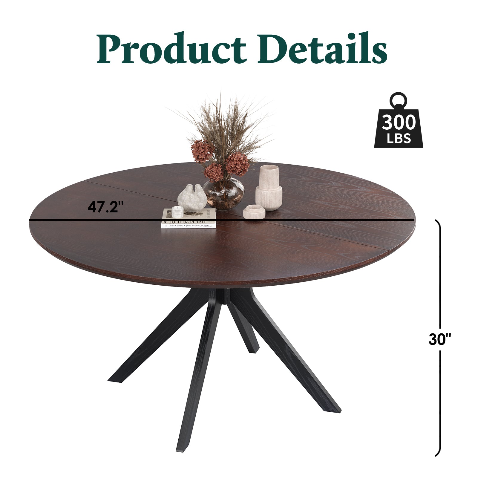 47.2" Solid Wood Round Dining Kitchen Table for 4-6 People with Intersecting Pedestal Base