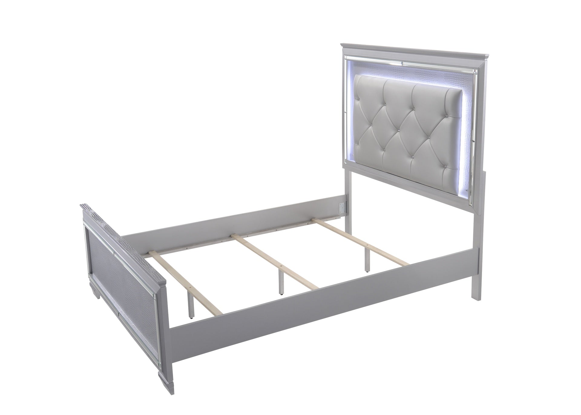 1pc Modern Queen LED Faux Leather Upholstery Panel Bed Beveled Mirror Accents Textured Footboard Silver Beige Finish