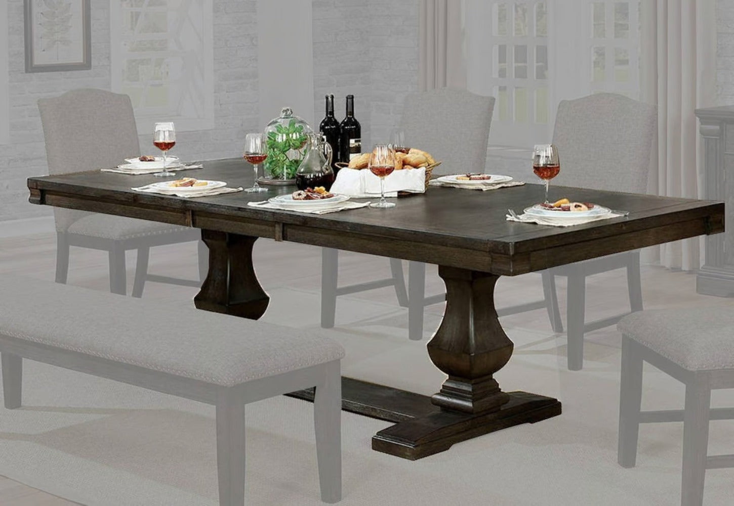 Dining Room 1pc Dining Table Dual Pedestal Trestle Base Espresso Molded Details Transitional Style