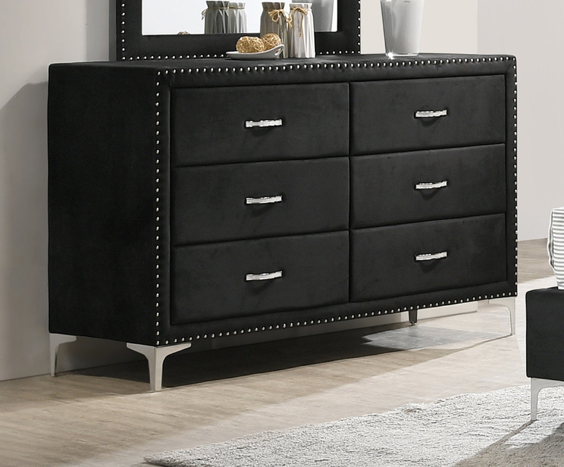 Glam Style 1pc Six Drawers Dresser Fabric Upholstered Tufted Nailhead Tempered Glass Wood Metal Fabric Bedroom Furniture