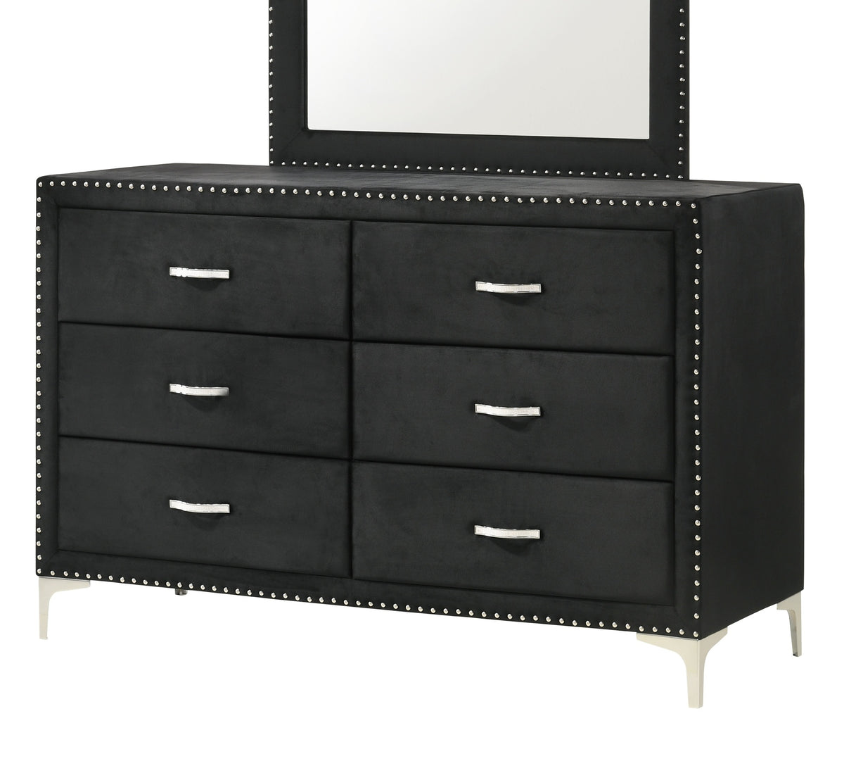 Glam Style 1pc Six Drawers Dresser Fabric Upholstered Tufted Nailhead Tempered Glass Wood Metal Fabric Bedroom Furniture