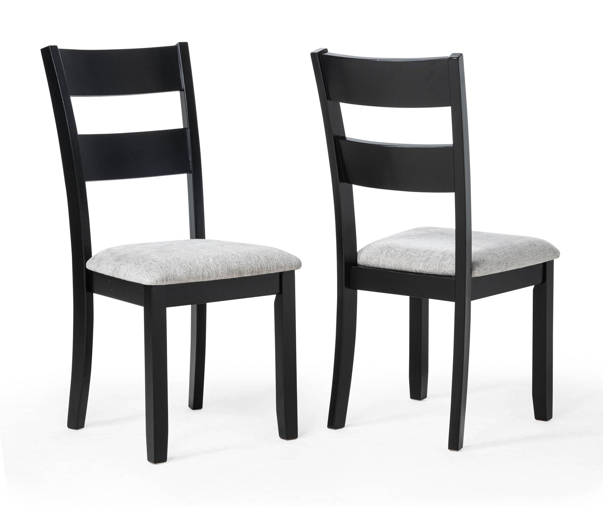 6pc Dining Set Rectangular Table Features Weathered Gray Finish Wood Grain Wide Slat Backs Padded Seats Upholstered Textured Neutral Fabric Chair Bench