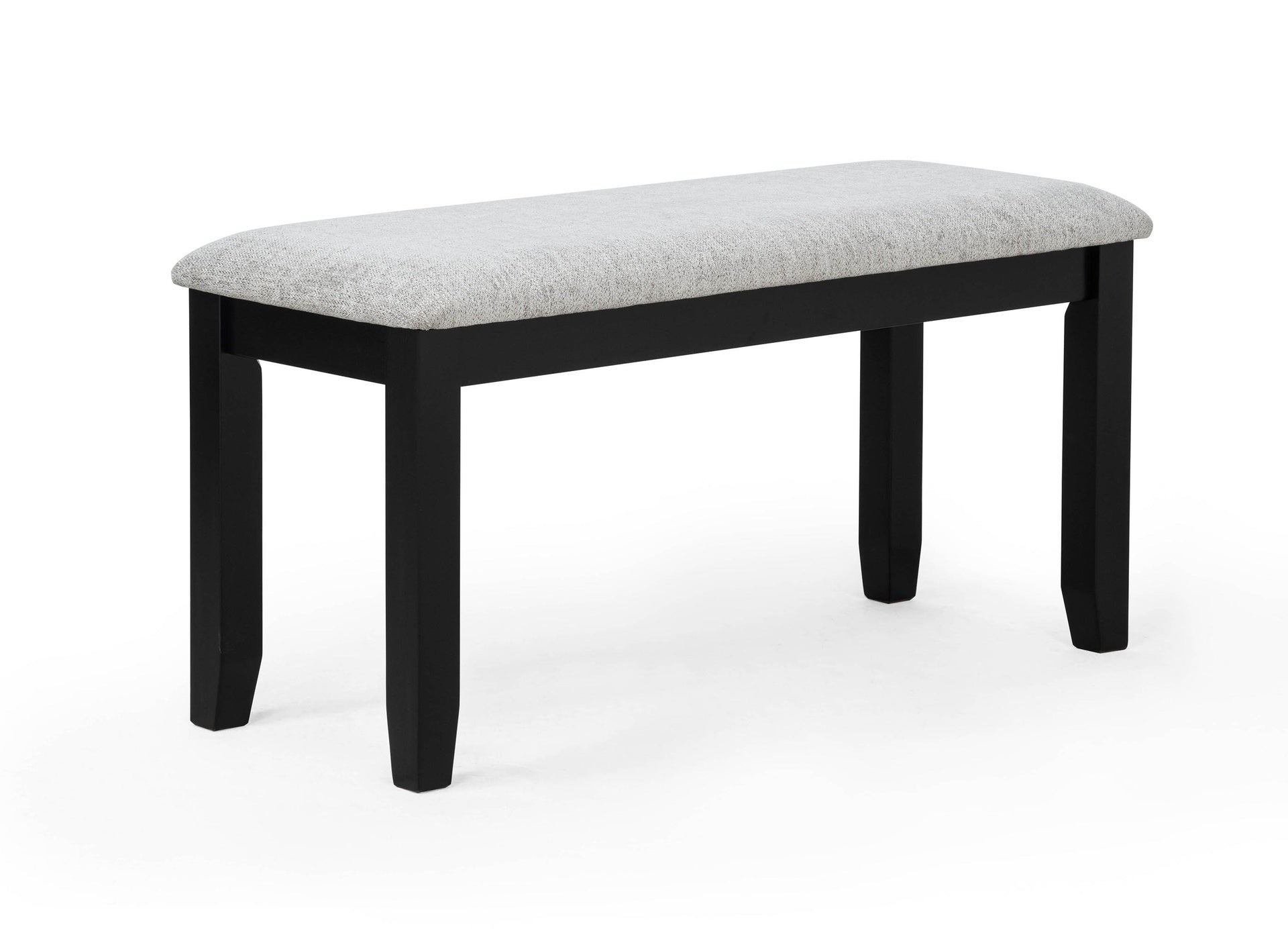6pc Dining Set Rectangular Table Features Weathered Gray Finish Wood Grain Wide Slat Backs Padded Seats Upholstered Textured Neutral Fabric Chair Bench